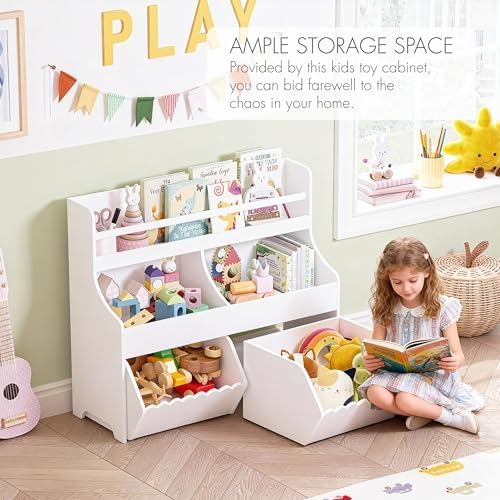 Spirich Kids Bookshelf with Bookcase and Roll-Out Toy Storage Organizer Box