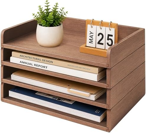 PROLEE 4 Pack Stackable Paper Tray, Wooden Paper Tray Organizer with Letter Tray, Paper Holder for Desk, Desktop File Storage Rack for Study, Home and Office (Walnut)