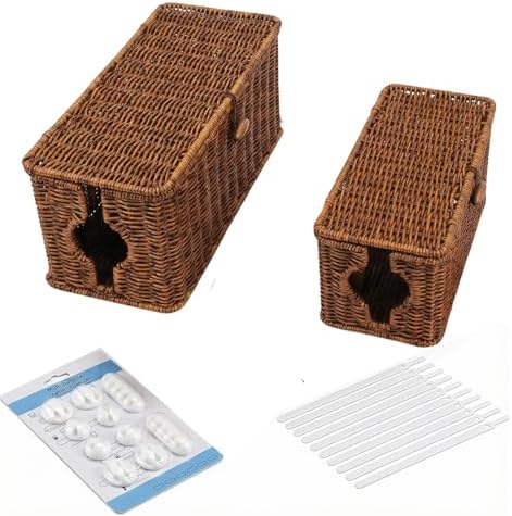 Wicker Cable Management Box, 2 Pack Large & Small Cable Organizer Box, Faux Rattan Hand-Woven Desk Organizer with 10 Cord Clips and 10 Ties, for Home Office and Charging Station