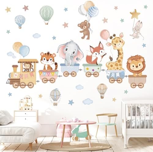 wondever Jungle Animals Train Wall Decals Hot Air Balloon Wall Stickers