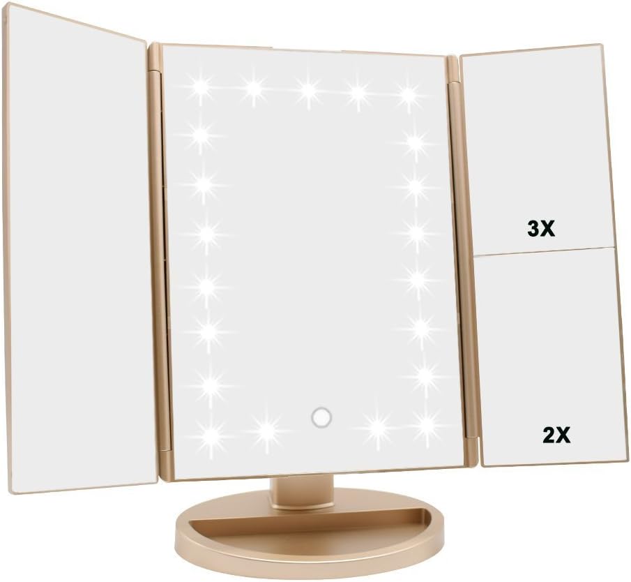 Flymiro Tri-fold Lighted Vanity Makeup Mirror with 3x/2x Magnification,Light up Mirror for Makeup,Touch Screen 21 LEDs,180° Rotation Countertop Cosmetic Mirror,Gifts for Women Mom Teen Girls