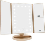 Flymiro Tri-fold Lighted Vanity Makeup Mirror with 3x/2x/1x Magnification, 21Leds Light and Touch Screen,180 Degree Free Rotation Countertop Cosmetic Mirror,Travel Makeup Mirror (Gold)