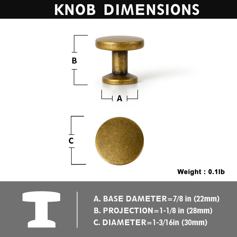 Antique Brass Cabinet Knobs, 1-3/16 Inch Round, Set of 12, Single Hole