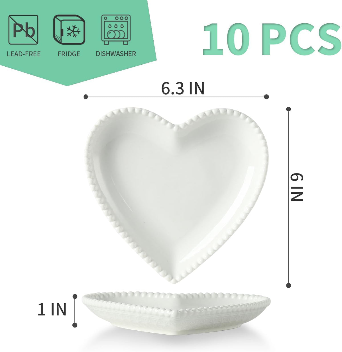 6.3 Inch Ceramic Salad Plates, Small Heart Shaped Dessert Plate Set, 10P