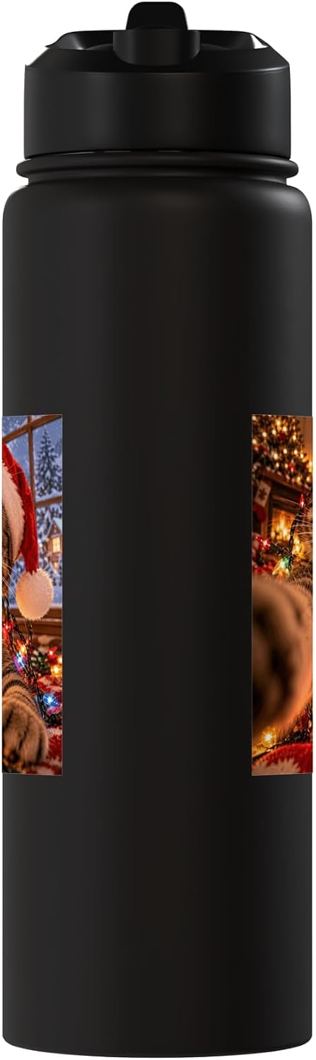 Curious Cat Tangled in Colorful Christmas Tree Fairy Lights Stainless Steel Insulated Water Bottle