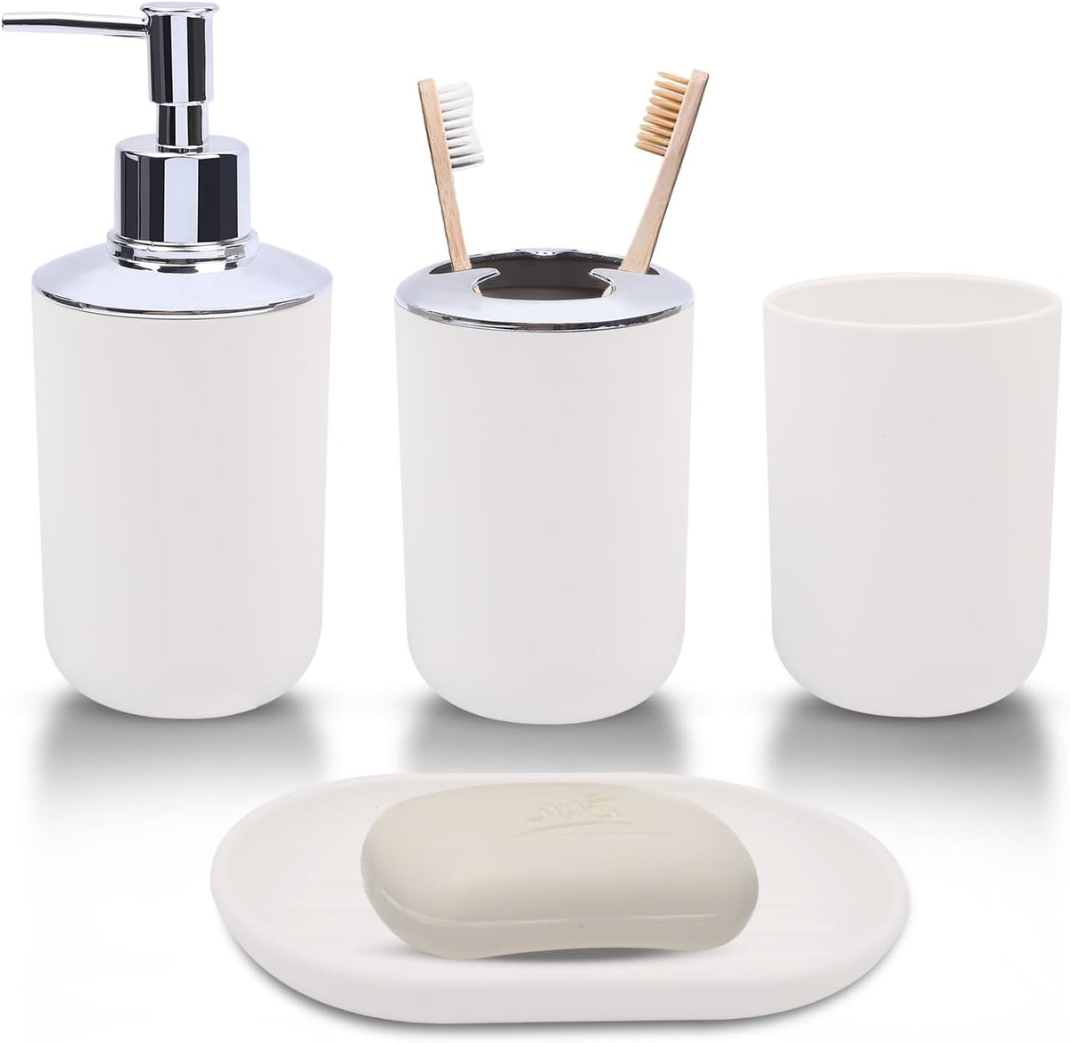 LGURT 4-Pc White Bath Accessories Set — Dispenser, Holder, Cup & Dish
