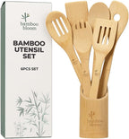 Bamboo Kitchen Utensils Set with Holder, 4-Pieces Wooden Cooking Utensils for Nonstick Cookware, Natural Bamboo Spoons & Spatulas, Comfortable Grip, Kitchen Essentials (4 Pieces + Holder)
