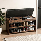 HOMEMORE Shoe Rack for Entryway Shoe Bench with Cushion Solid Wood Shoe Benches with 2 Shelves Shoe Organizer for Hallway Bedroom Living Room Vintage Brown