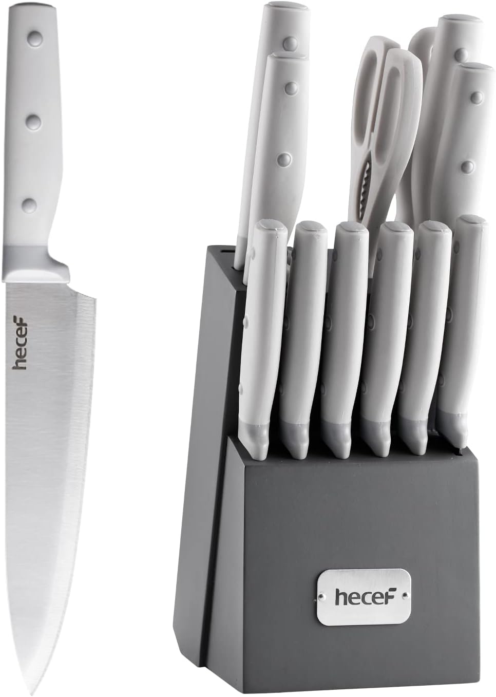 hecef 14 PCS Kitchen Knife Set with Pine Wood Block (Grey)