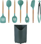 Glad Silicone Kitchen Utensils Set, 8pcs - Nonstick Cooking Tools with Wooden Handles and Utensil Holder - Spatula Set with Turner, Ladle, Spoons, Tongs, and Spaghetti Server - Teal Green