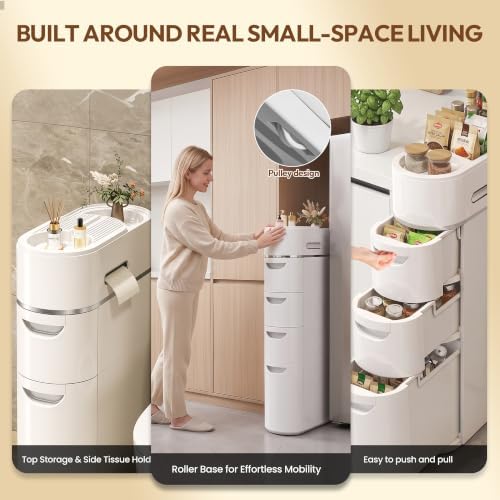 BGYMF 4-Tier Narrow Slim Bathroom Storage Cabinet with Wheels,White