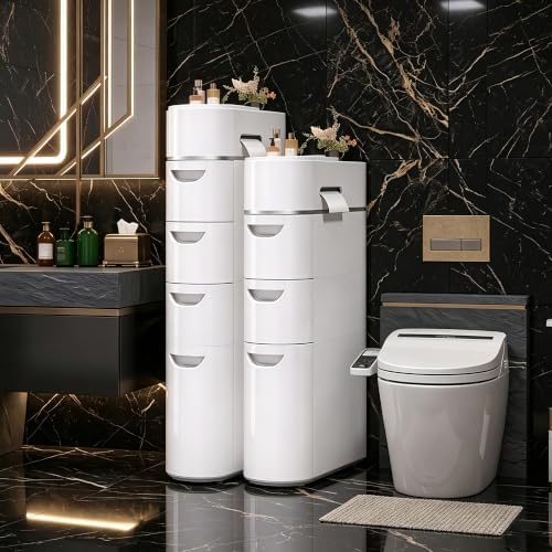 BGYMF 4-Tier Narrow Slim Bathroom Storage Cabinet with Wheels,White