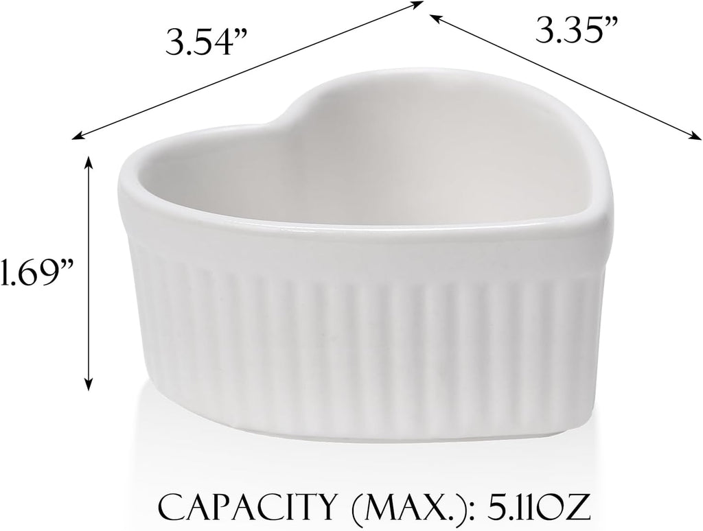 VanEnjoy 4 pack 5oz Heart Shaped Ramekins Ceramic Bowl Bakeware for Souffle Creme Brulee Oven and Dishwasher Safe Baking Dishes Cute White Cookware for Kitchen