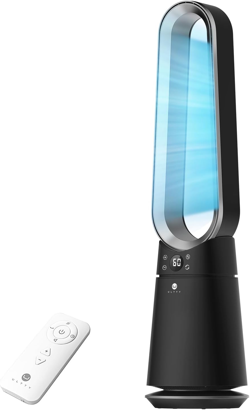 ULTTY Bladeless Tower Fan for Bedroom, 20 Speeds 3 Modes, Standing Fan with Remote, 8H Timer, 38" Quiet Tower Fan, 120° Oscillation, Powerful 25ft/s Airflow Cooling Floor Fan for Home Office, Black