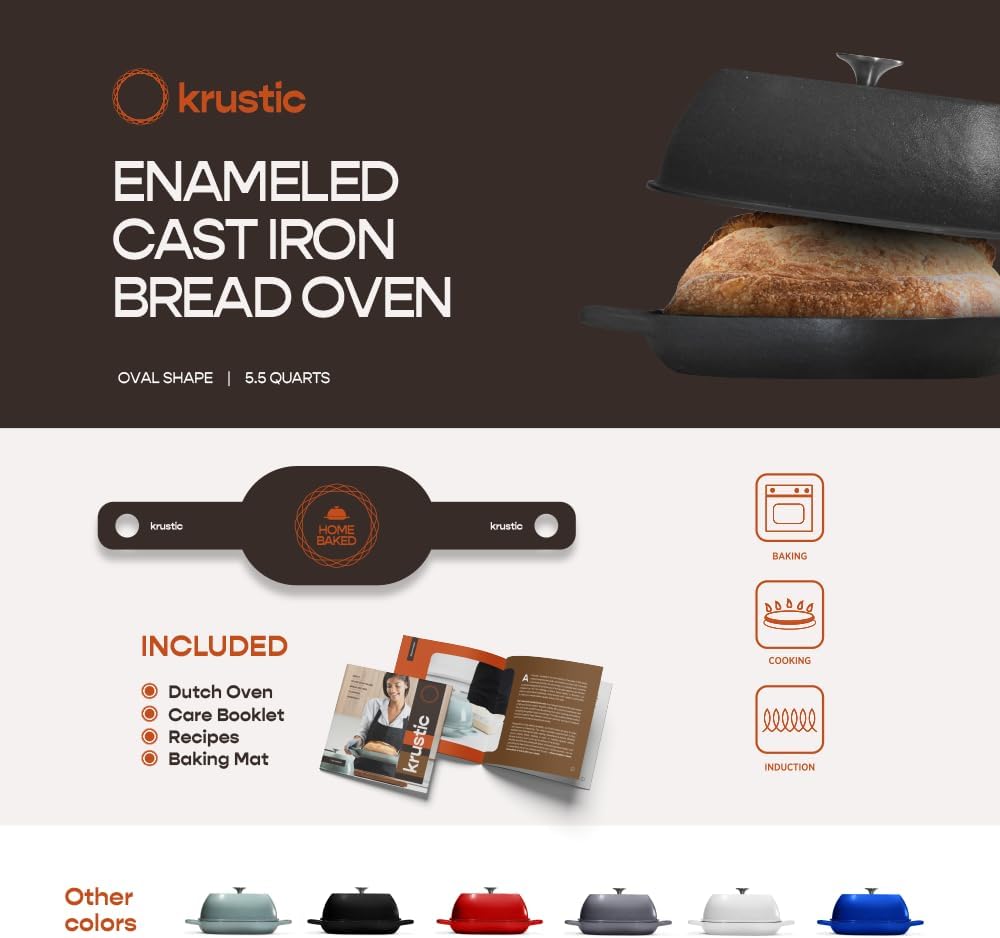 Krustic Enameled Cast Iron Dutch Oven for Professional Sourdough Bread Baking | 5.5 Quart Loaf Size Oval Cookware Pot with Lid | Triple-Layer Enamel Coating Pan with Non Stick Silicone Mat | Black