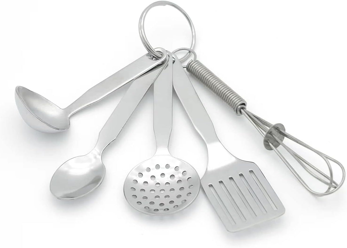 Mini Stainless Steel Kitchen Tool Set with Keychain(3.5"),Set of 5,Includes Whisk, Spatula, Spoon, Skimmer,Soup ladle