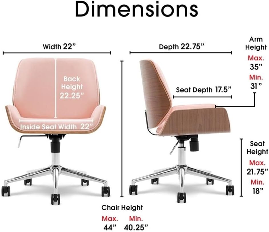 Elle Decor Ophelia Low-Back Task Modern Bentwood Home Office Armless Desk Chairs in Chrome Finish, French Pink 22.75D x 22W x 44H in