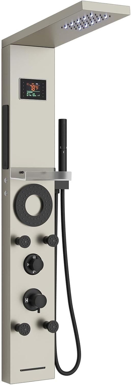 Hoimpro Brushed Gold LED Shower Panel Tower System,2 In 1Function Shower Panel Light Rainfall Waterfall Shower Rain Massage System with Body Jets Handheld Shower Sprayer, Stainless Steel, Wall Mount