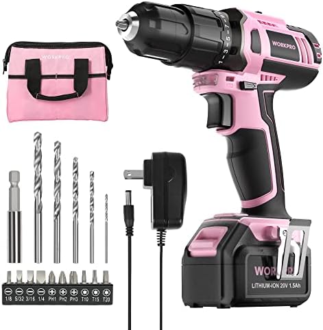 WORKPRO 20V Cordless Drill Driver Set, Pink, 3/8" Keyless Chuck