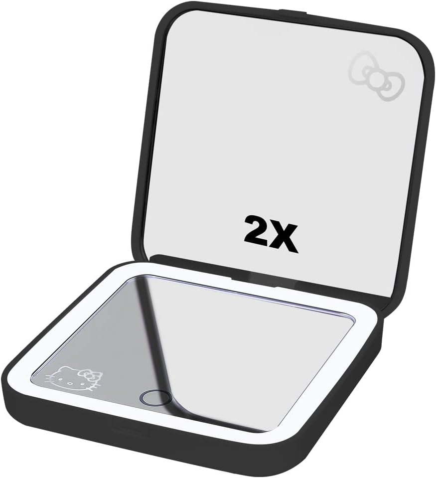 Impressions Vanity Hello Kitty Supercute Compact Mirror with Touch Sensor Switch for Adjustable Brightness, Lighted Makeup Mirror with LED Lights and 2X Magnifying Mirror Top (Black)