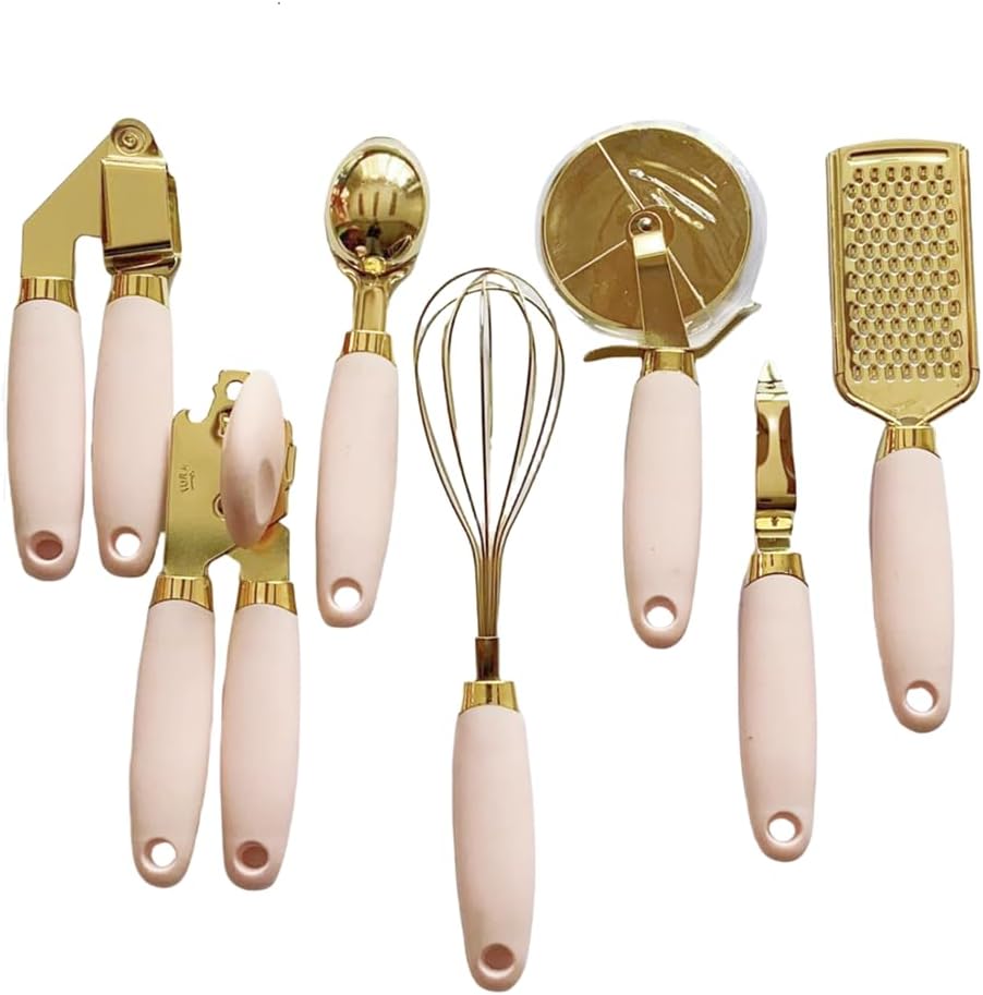 White & Gold Kitchen Tools and Gadgets - Luxe 7PC Cooking Tools and Gadgets with Anti-Slip Handles, Utensils Set, Gold Kitchen Accessories,Premium Kitchen Gadget Set (rose gold and pink)