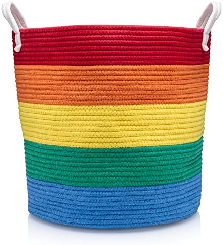 Large Rainbow Baby Laundry Basket Blanket Holder Rainbow Classroom Decor Toy Organizers And Storage Basket For Blankets Woven Basket With Handles Cotton Rope Basket 16"x16"x16"
