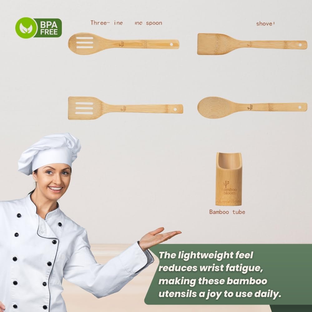 Bamboo Kitchen Utensils Set with Holder, 4-Pieces Wooden Cooking Utensils for Nonstick Cookware, Natural Bamboo Spoons & Spatulas, Comfortable Grip, Kitchen Essentials (4 Pieces + Holder)