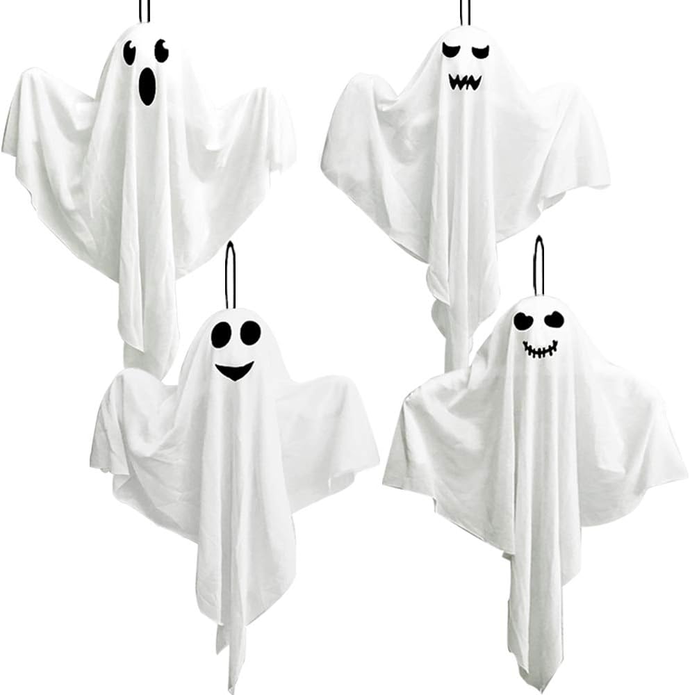 Kiddokids 4 Pack Halloween Hanging Ghost Decorations, 27.5'' Poseable White Ghosts with Bendable Arms for Front Porch, Yard Tree, Indoor Party and Haunted House Decor, Outdoor Entry Door Doorframe