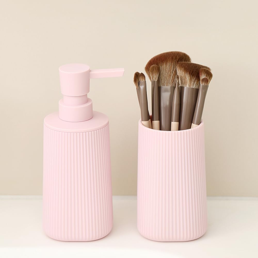 YAUKPH Bathroom Soap Dispenser and Toothbrush Holder Striped Pink