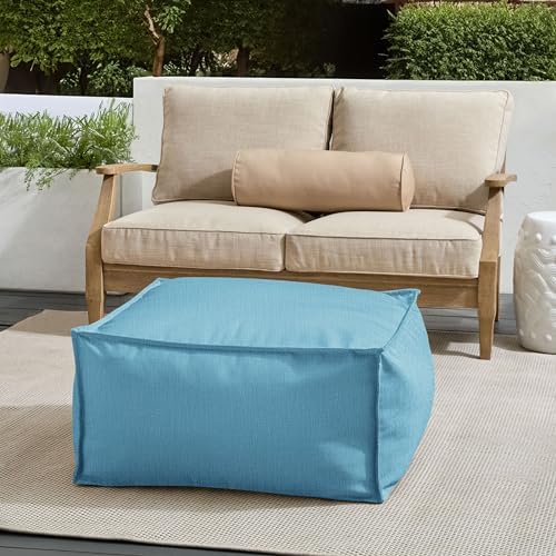 Sorra Home Sunbrella Top Stitch Pouf Cushion - Square, Outdoor Stuffed Plush Ottoman & Foot Rest Stool - Balcony, Patio, Poolside Furniture Accessory - Cast Horizon (30" x 30" x 15")