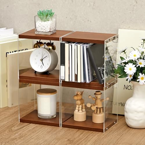 Threehoney 4 Pcs Retro MDF Cd Holder, Walnut Colored DVD Shelf Rack