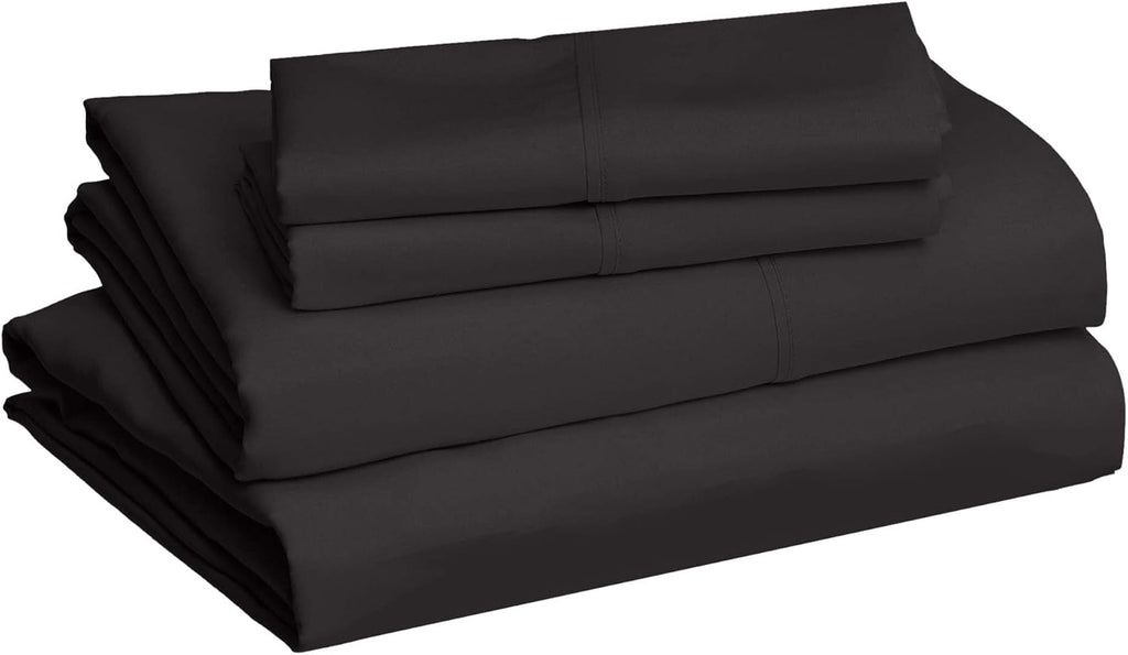 Amazon Basics Lightweight Super Soft Easy Care Breathable Microfiber 4 Piece Cozy Comfortable Bed Sheet Set, Wrinkle Resistant with 14-Inch Deep Pockets, Queen, Black, Solid
