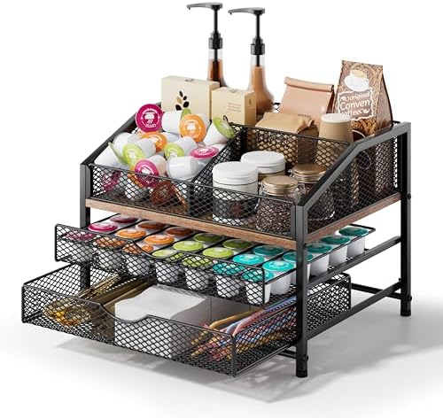 Coffee Bar Organizer for Countertop, Coffee Station Organizer with Removable Dividers, Metal and Wood K Cup Holder Storage Basket for Pods, Syrup, Stirrer and Condiment, Black and Brown