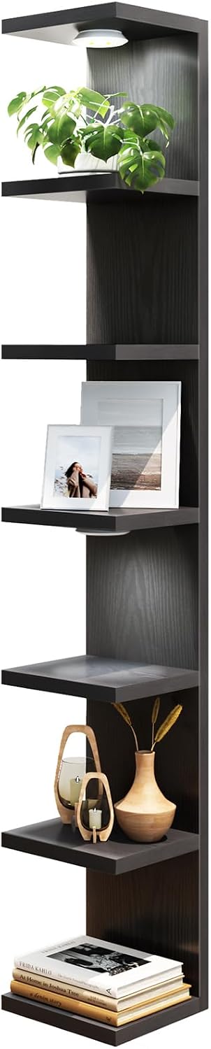 Fixwal 7 Tier Wall Shelf with LED Lights for Room Decor Rustic Brown