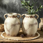 Set of 2 Distressed Ceramic Vase Rustic Farmhouse Dual Handles