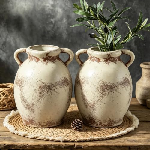 Set of 2 Distressed Ceramic Vase Rustic Farmhouse Dual Handles