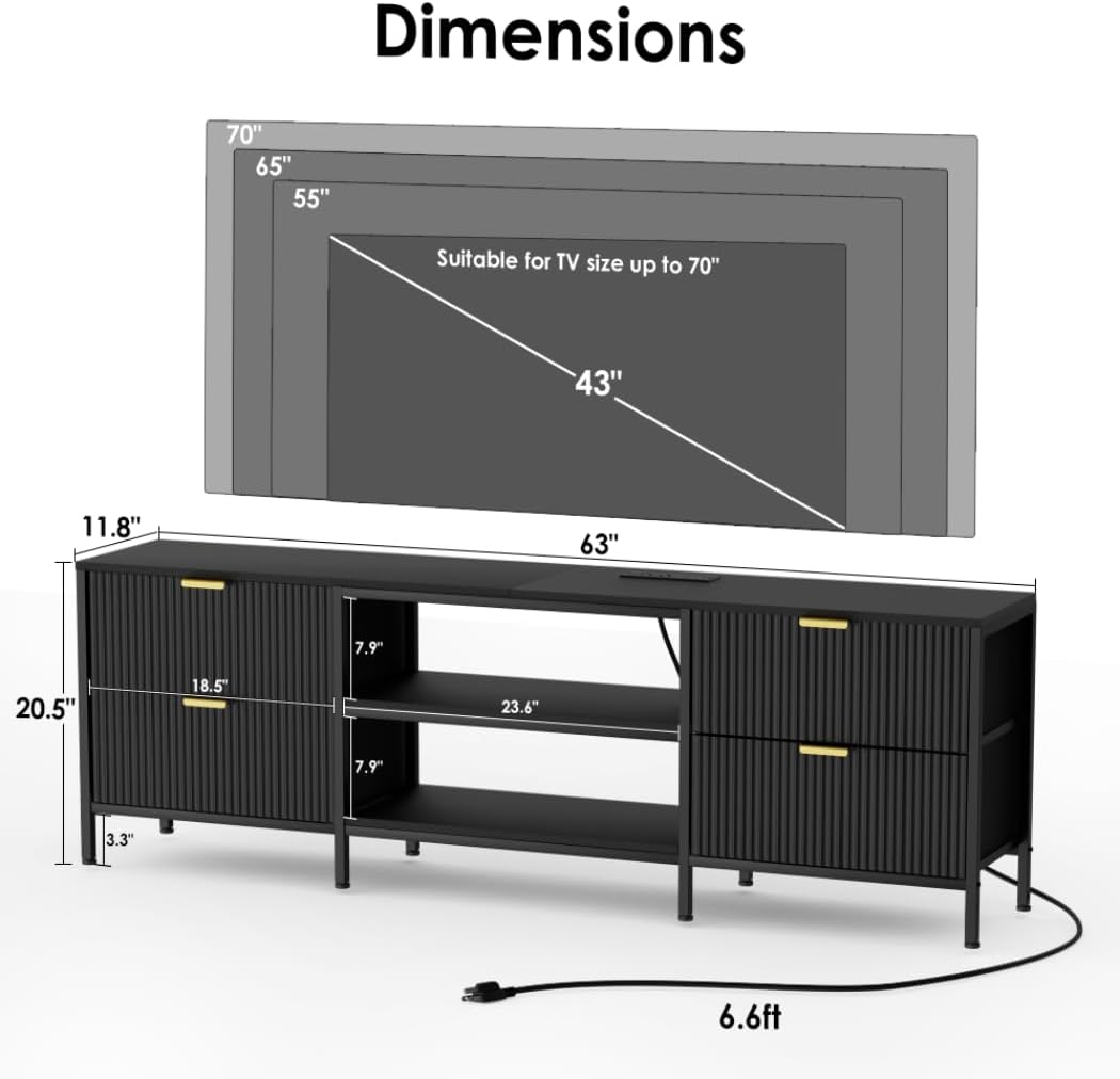 63 Inch Black Fluted TV Stand with Storage, Entertainment Center