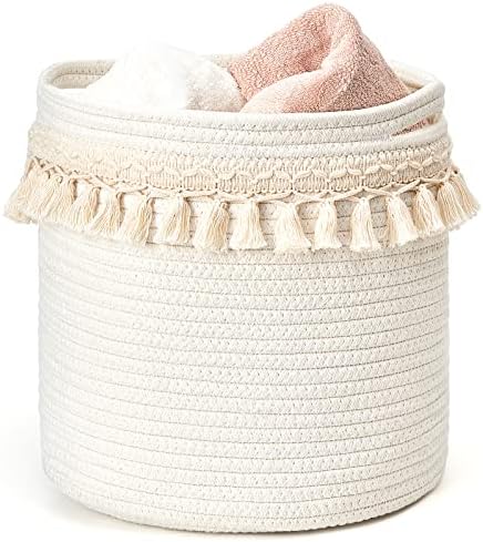 Mkono Macrame Cotton Rope Basket, Small Boho Nursery Decor, 11"x11", Ivory