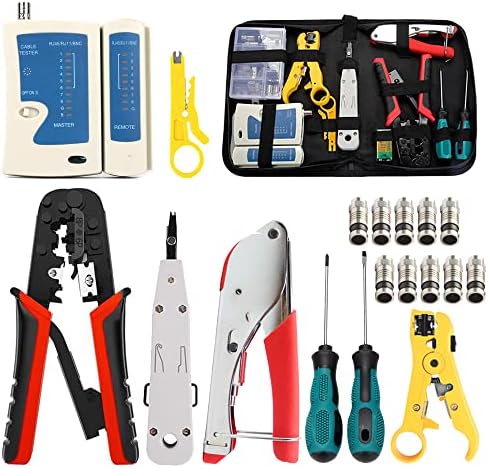 Network Tool Kit Professional Coax Crimper Tool Kit Coaxial Compression Stripping Tool Set Crimper Krone Punch Down Tool in a Zipper Case