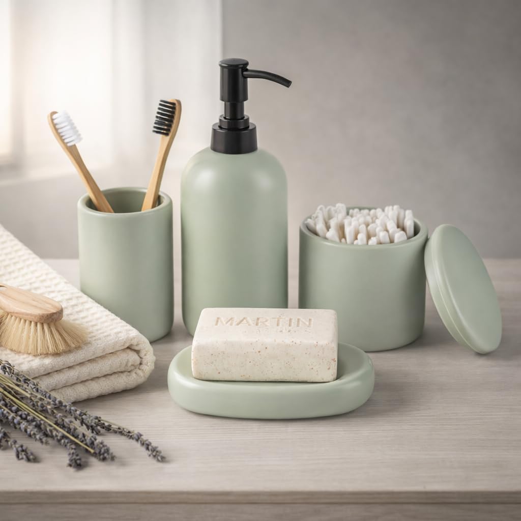 Ava Nord Modern Minimalist Ceramic Bathroom Accessories | Set of 4 | Green