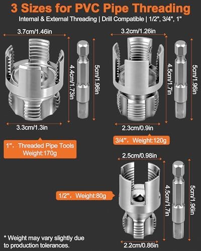 3PCS Carbon Steel Internal & External Pipe Threading Tool Set, 1/2", 3/4", 1" PVC Pipe Threader Kit with Gloves & Tape, Drill-Compatible for Smooth Threading, Plumbing Projects and Home Repairs