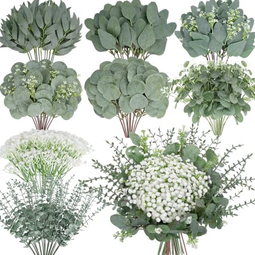 200 Pcs 8 Kinds Mixed Artificial Eucalyptus Stems Bulk Fake Silver Dollar Eucalyptus White Seeds Stems Bundle Faux Plants Greenery for DIY Bouquets Floral Arrangement Wedding Engagement Party Decor