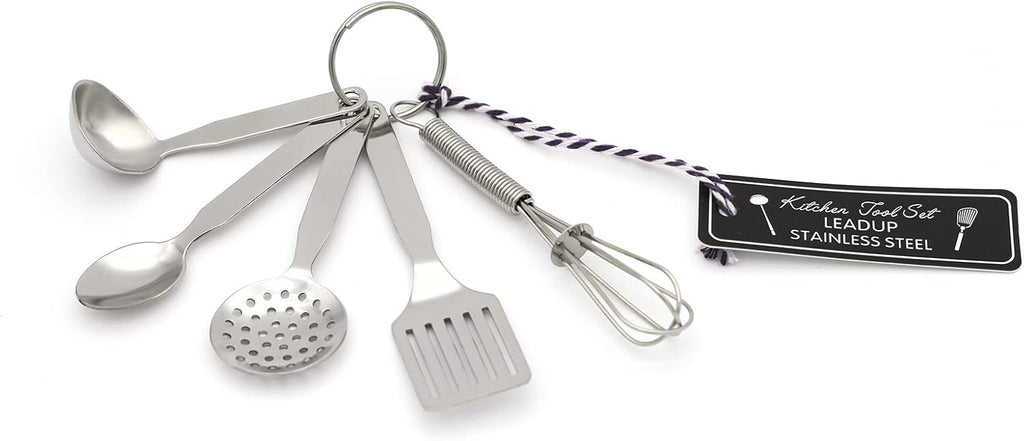 Mini Stainless Steel Kitchen Tool Set with Keychain(3.5"),Set of 5,Includes Whisk, Spatula, Spoon, Skimmer,Soup ladle
