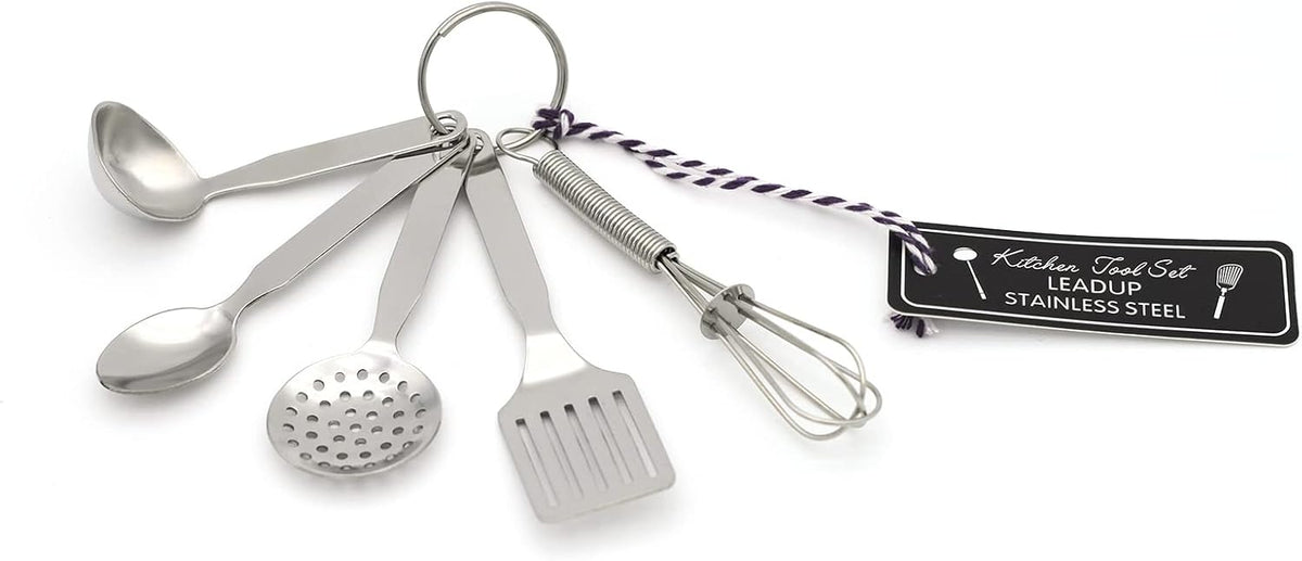 Mini Stainless Steel Kitchen Tool Set with Keychain(3.5"),Set of 5,Includes Whisk, Spatula, Spoon, Skimmer,Soup ladle