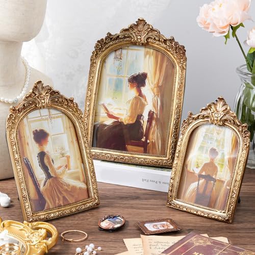 3 Pcs Vintage Picture Frames Antique Set, Ornate Gold Baroque Photo Frames with Real Glass for Tabletop and Wall Mount Ornate, Retro Home Decor and Wall Art (4x6, 5x7, 6x8)