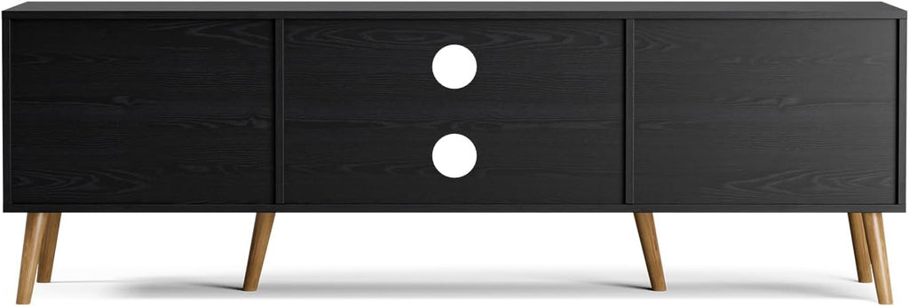 ZttRiee TV Stand with Rattan Doors for TVs up to 65", Mid-Century, Black