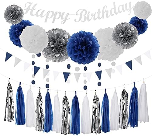 Navy-blue Silver Men-boys Birthday Decorations - 27pcs Party Kits Happy Birthday Banner Flags,40th 50th Birthday Decor Tissue Paper Pom Poms,Tassel Streamers Garland Party supplies Lasting Surprise