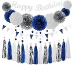 Navy-blue Silver Men-boys Birthday Decorations - 27pcs Party Kits Happy Birthday Banner Flags,40th 50th Birthday Decor Tissue Paper Pom Poms,Tassel Streamers Garland Party supplies Lasting Surprise
