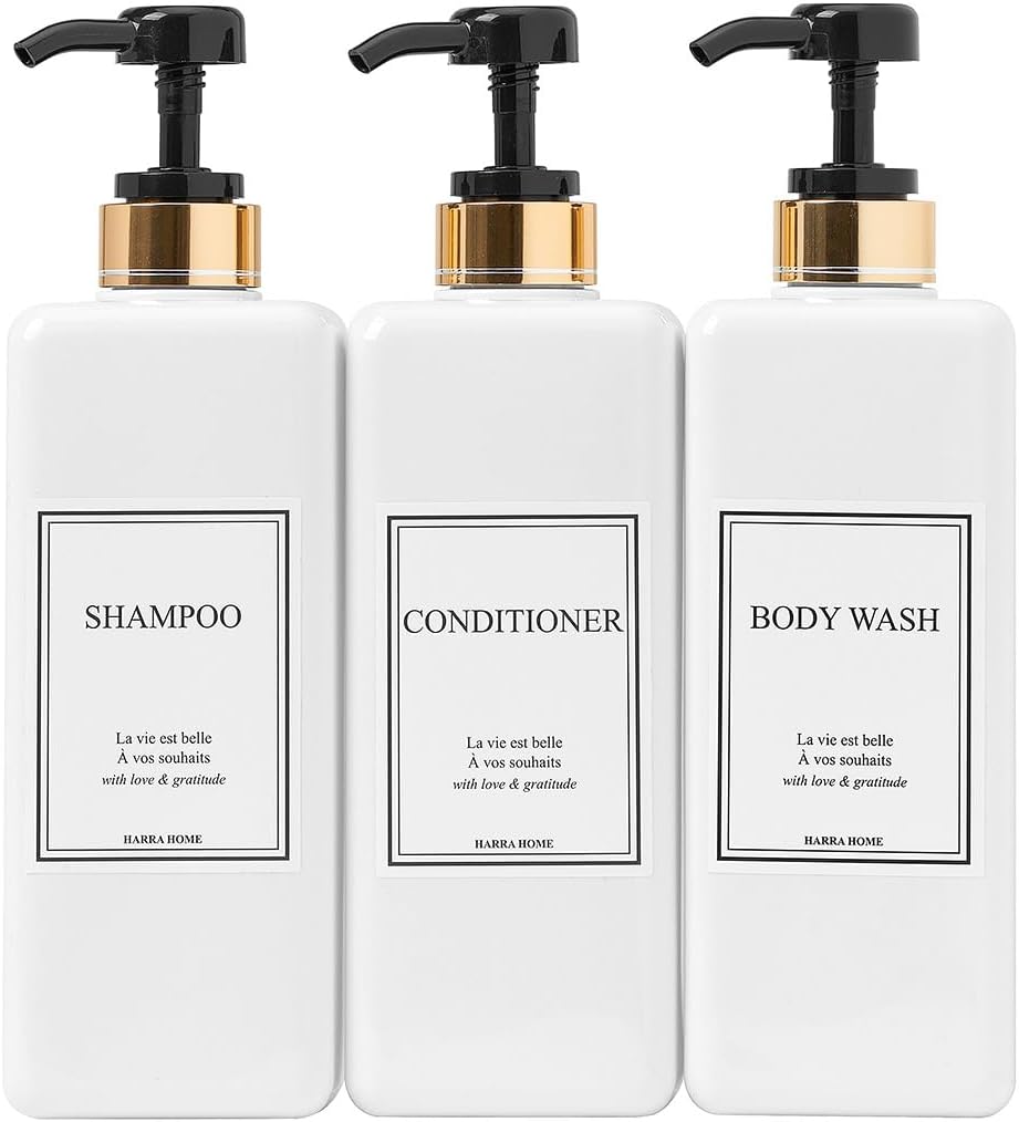 Modern Gold Design Shampoo and Conditioner Dispenser - Large 27oz Shower Soap Dispenser, Set of 3 Refillable Empty Plastic Pump Bottles for Bathroom and Body Wash (6 Waterproof Labels Included), Black
