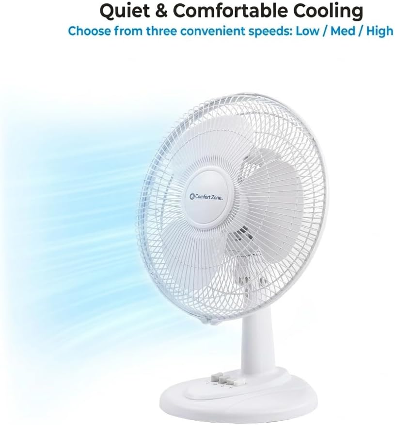 COMFORT ZONE 12" 3-Speed Oscillating Table Fan for Home - White